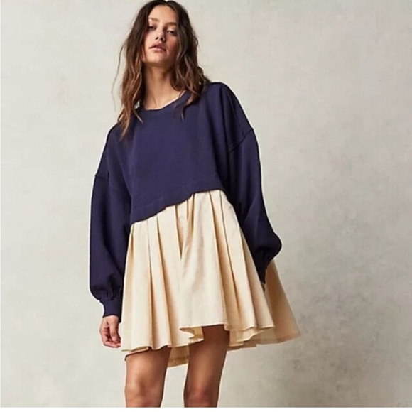 Free People Eleanor Sweatshirt/Mini Dress Heart Navy/Cream Size XS